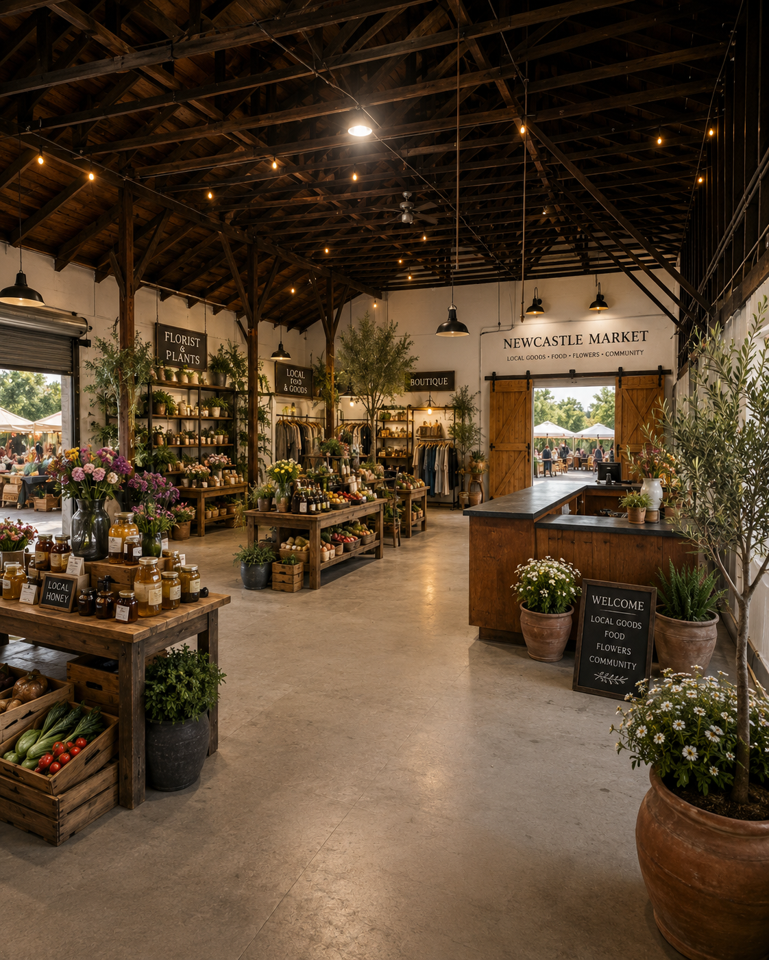 Inside the warehouse: historic exposed timber ceiling, string lights, wood retail counters and open market floor